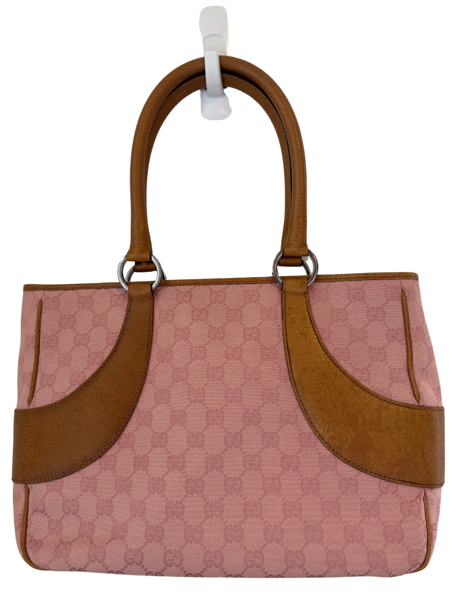 Gucci Guccissima Vintage Pink Canvas Tote with Brown Leather Trim Zipper Top with Dust Bag
