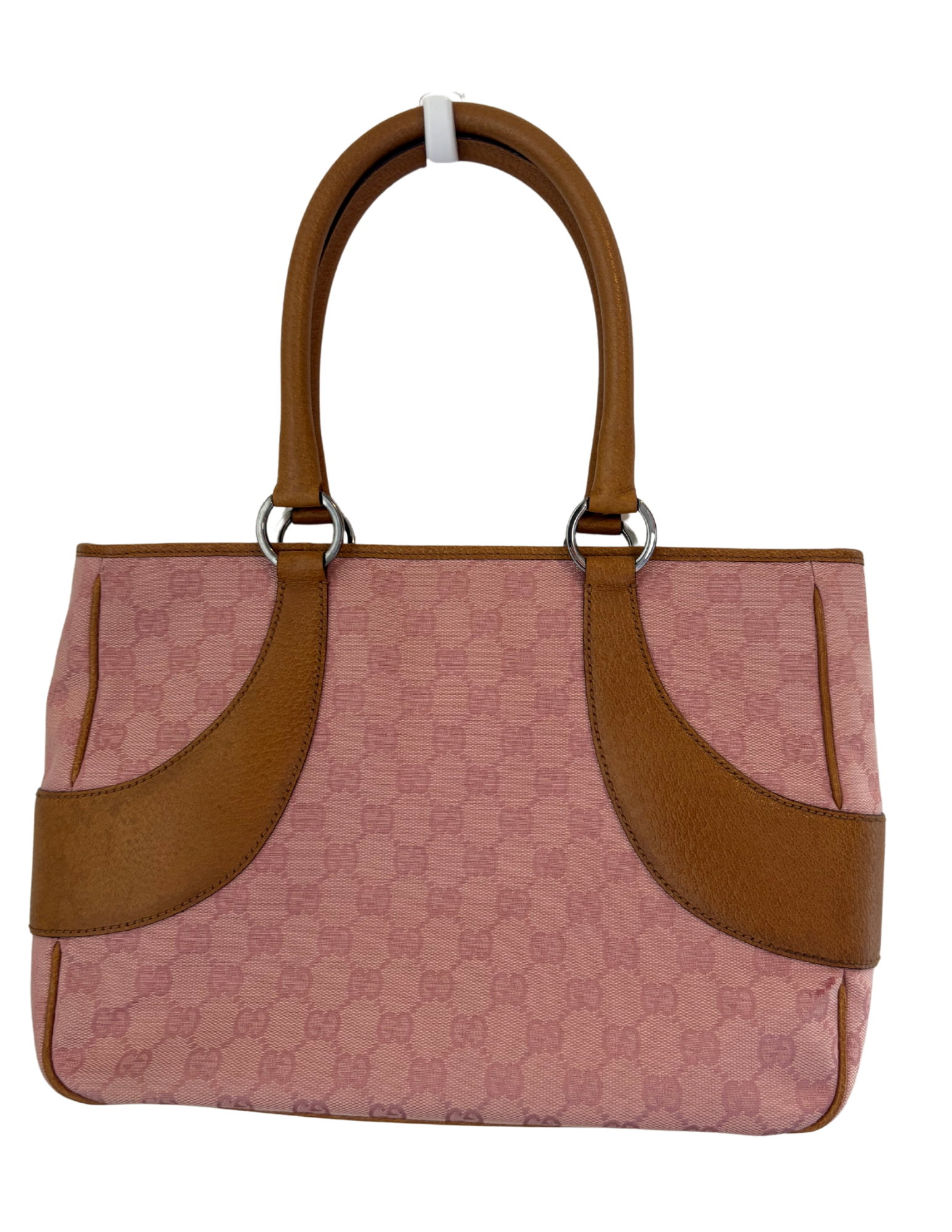 Gucci Guccissima Vintage Pink Canvas Tote with Brown Leather Trim Zipper Top with Dust Bag