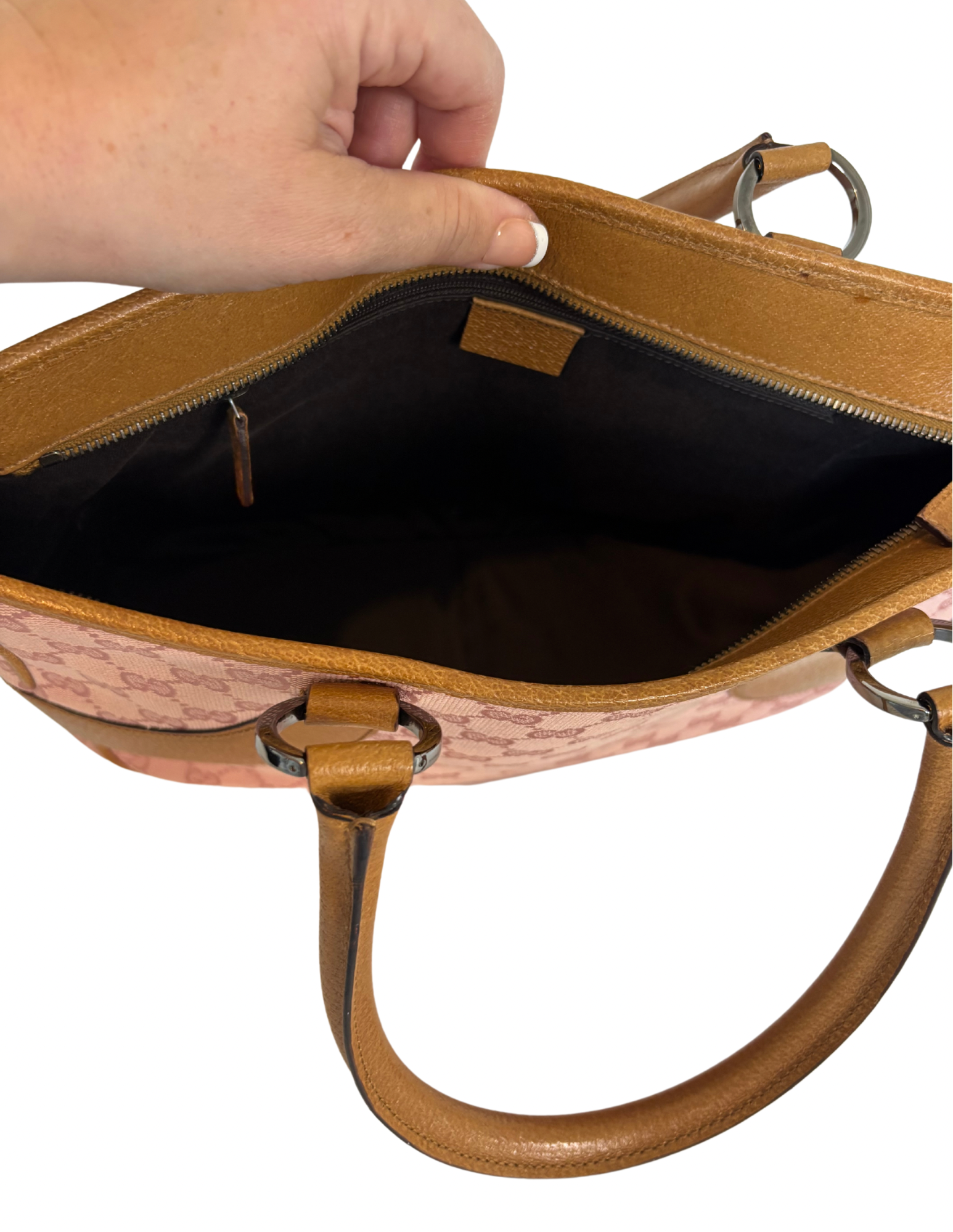 Gucci Guccissima Vintage Pink Canvas Tote with Brown Leather Trim Zipper Top with Dust Bag