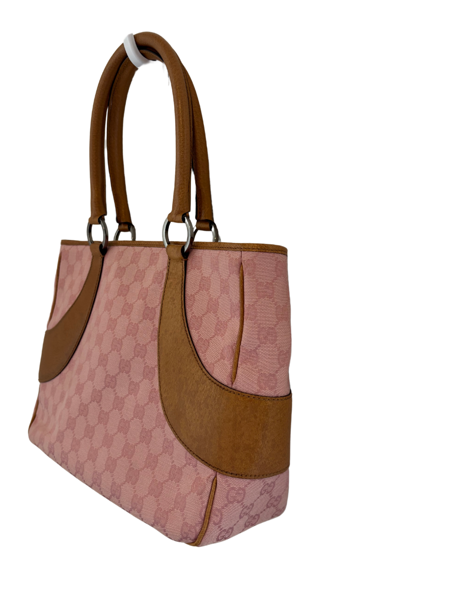 Gucci Guccissima Vintage Pink Canvas Tote with Brown Leather Trim Zipper Top with Dust Bag